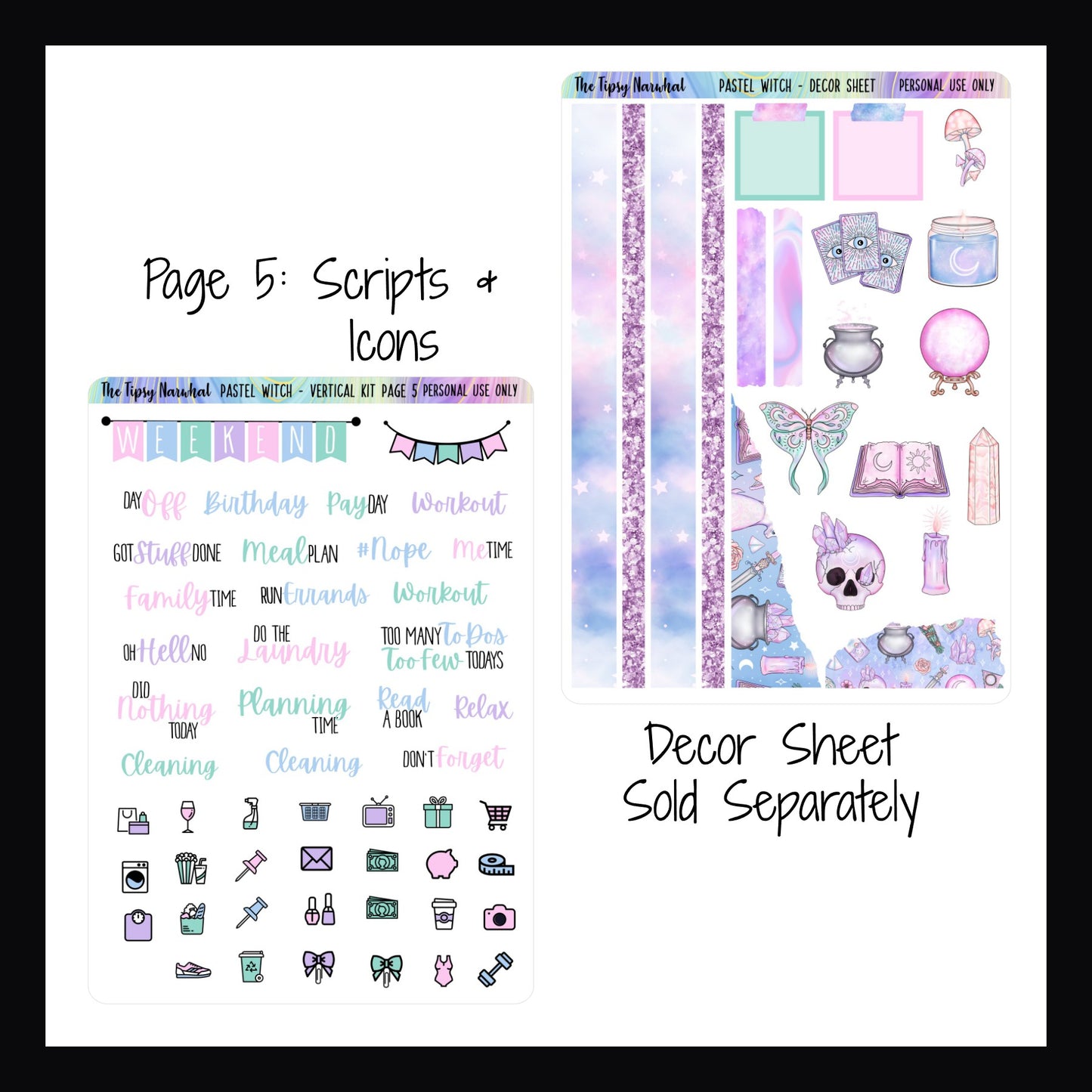 Digital Pastel Witch Vertical Kit page 5 features a weekend banner, script stickers and daily icon stickers.  A matching decor sheet is sold separately.