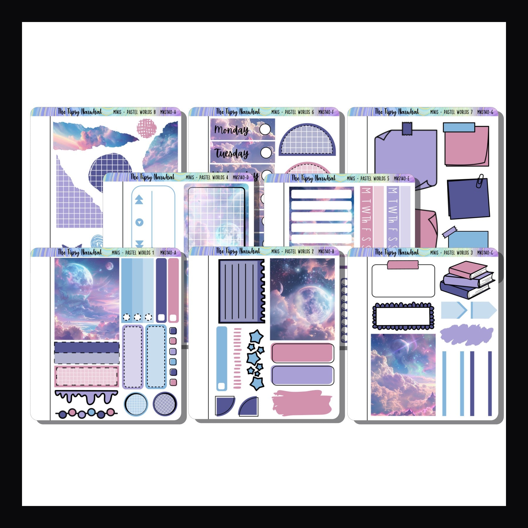 The Aloha Freestyle Minis is a collection of 8 quarter sized sticker sheets all featuring a serene pastel celestial theme.  Pick and choose which stickers work best for your planning style or purchase all 8 for a discounted price. 