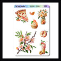 Peaches Decor Sheet is a 3.5 x 5 inch sticker sheet.  It features a Peach theme from growing on a tree to table top pies. 