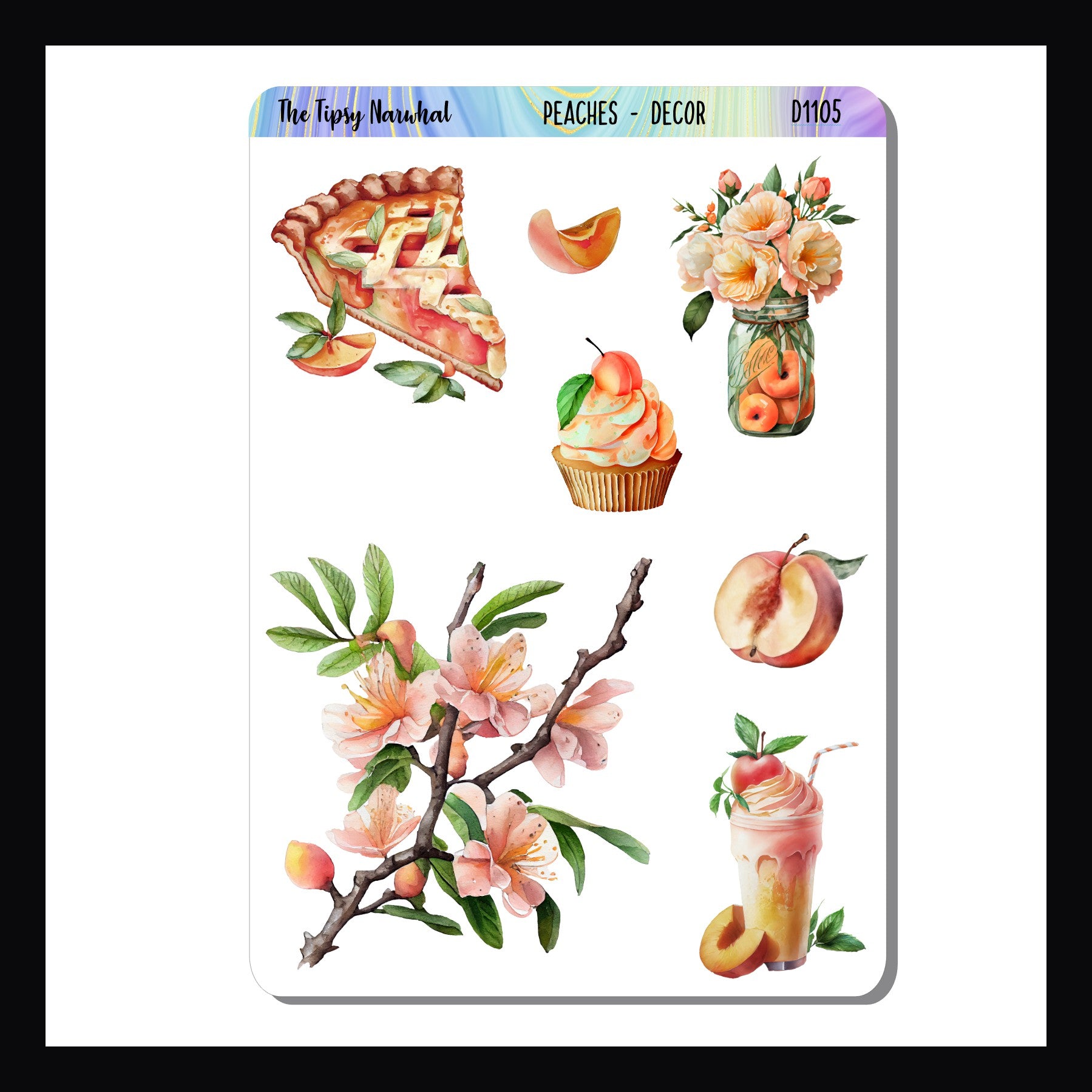 Peaches Decor Sheet is a 3.5 x 5 inch sticker sheet.  It features a Peach theme from growing on a tree to table top pies. 