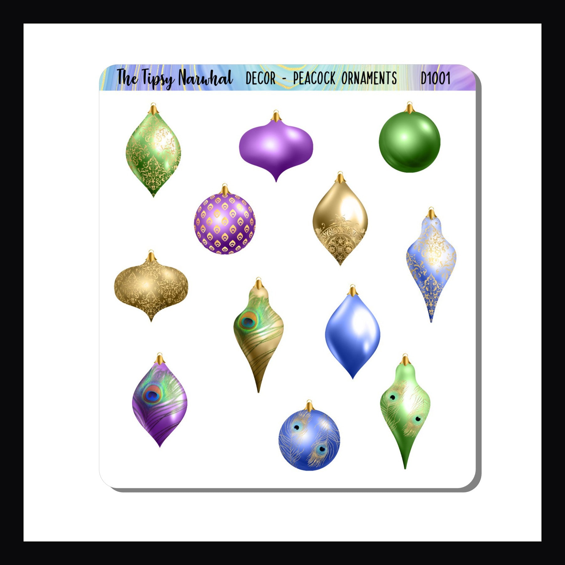 Peacock Ornament Sticker sheet, holiday stickers, Christmas stickers, christmas ornaments, holiday ornaments, bulbs, baubles, blue, gold, purple, green, peacock feathers, gold filagree, gold damask