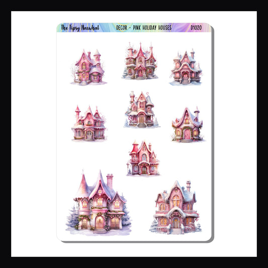 Pink Holiday Houses Decor sheet features 9 holiday themed homes with pink decor. 