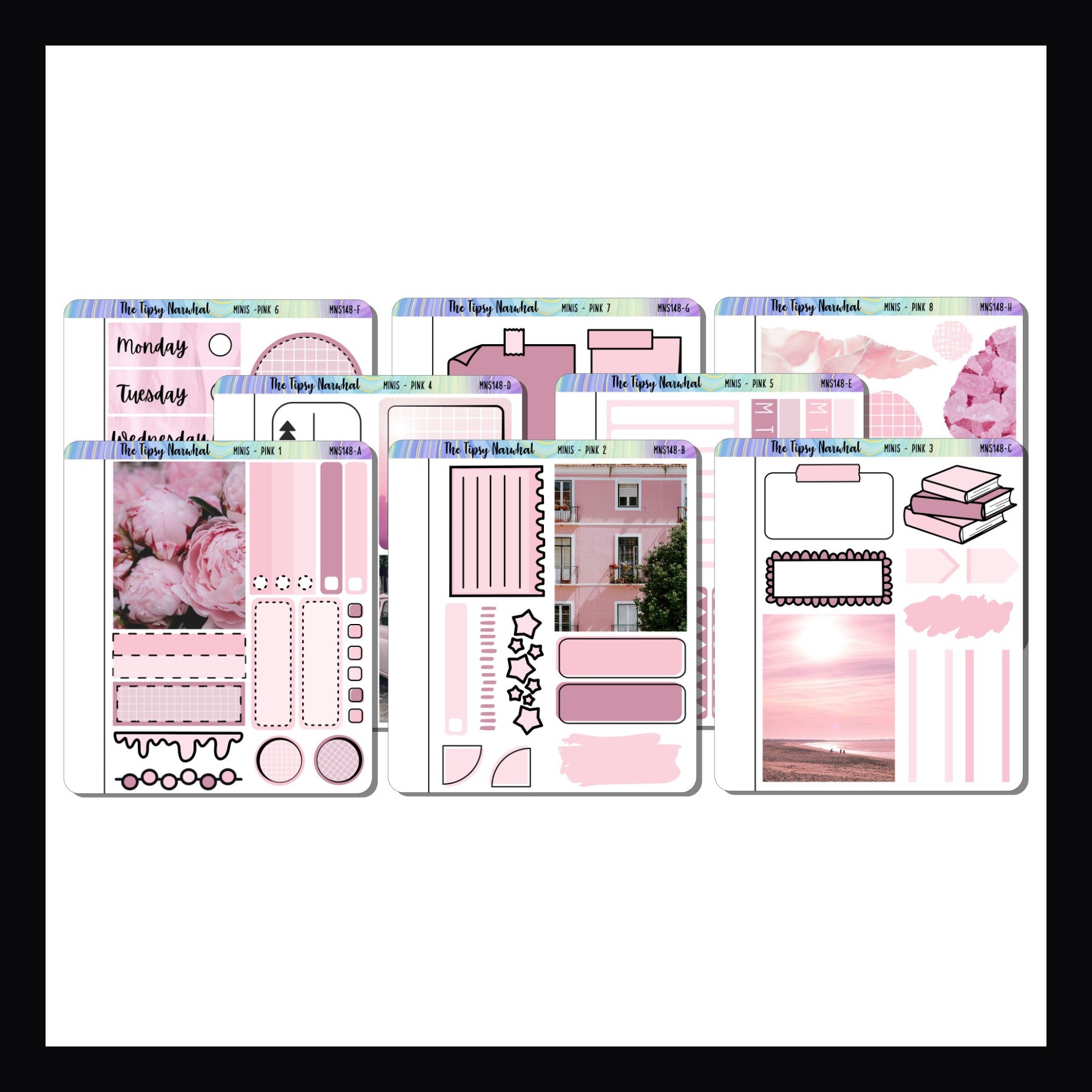 Pink freestyle minis is a collection of 8 quarter sheet stickers. The collection focuses on the color pink.