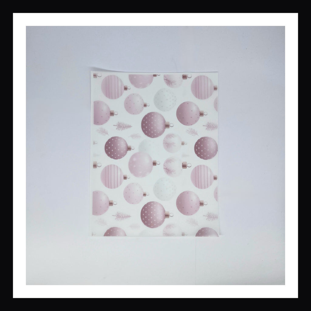 Pink Christmas Vellum - Pink Ornaments.  A 8x10 sheet of vellum.  Features a variety of holiday ornaments in a variety of pink hues. 