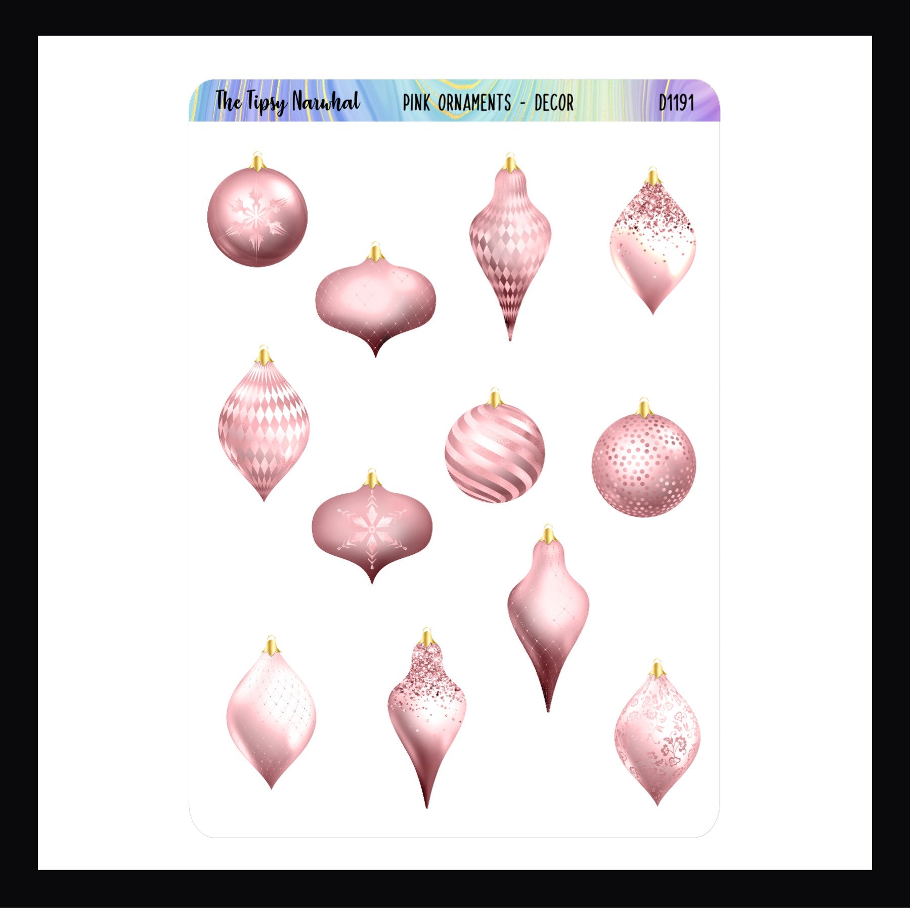 Pink Ornaments Decor sheet features 12 pink ornament stickers in various shapes and patterns. Shown here on a white background.