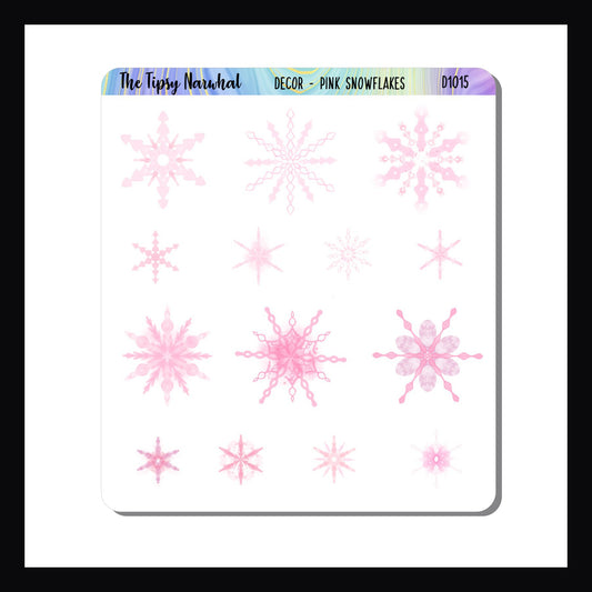 Pink snowflakes sticker sheet, multiple snowflake designs, multiple sizes