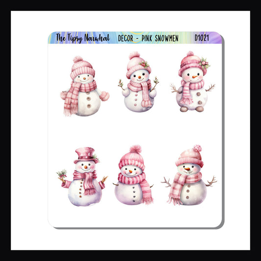 snowmen planner stickers, multiple snowmen sticker sheet, pink scarves, hats, topmast, evergreen sprigs, journal stickers
