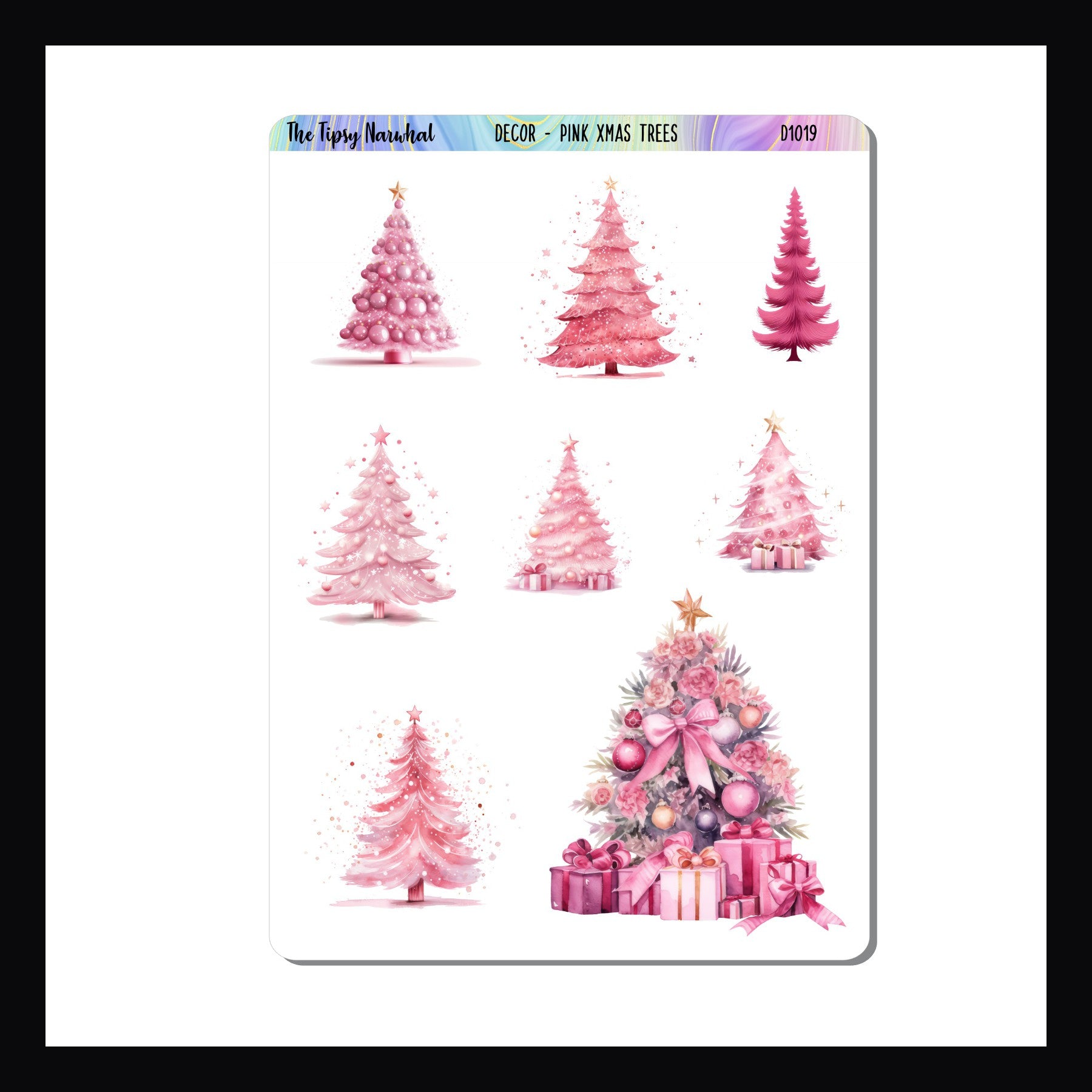 Pink Christmas Tree Sticker Sheet, multiple decorated tree stickers, adorable pink trees, sparkles, stars, bubbles, gifts