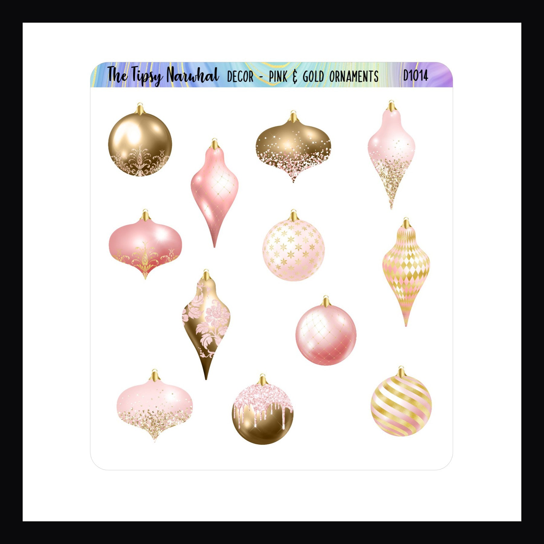 Pink & Gold Ornaments sticker sheet, multiple holiday ornaments, glitter, damask, baubles, christmas ornaments, 