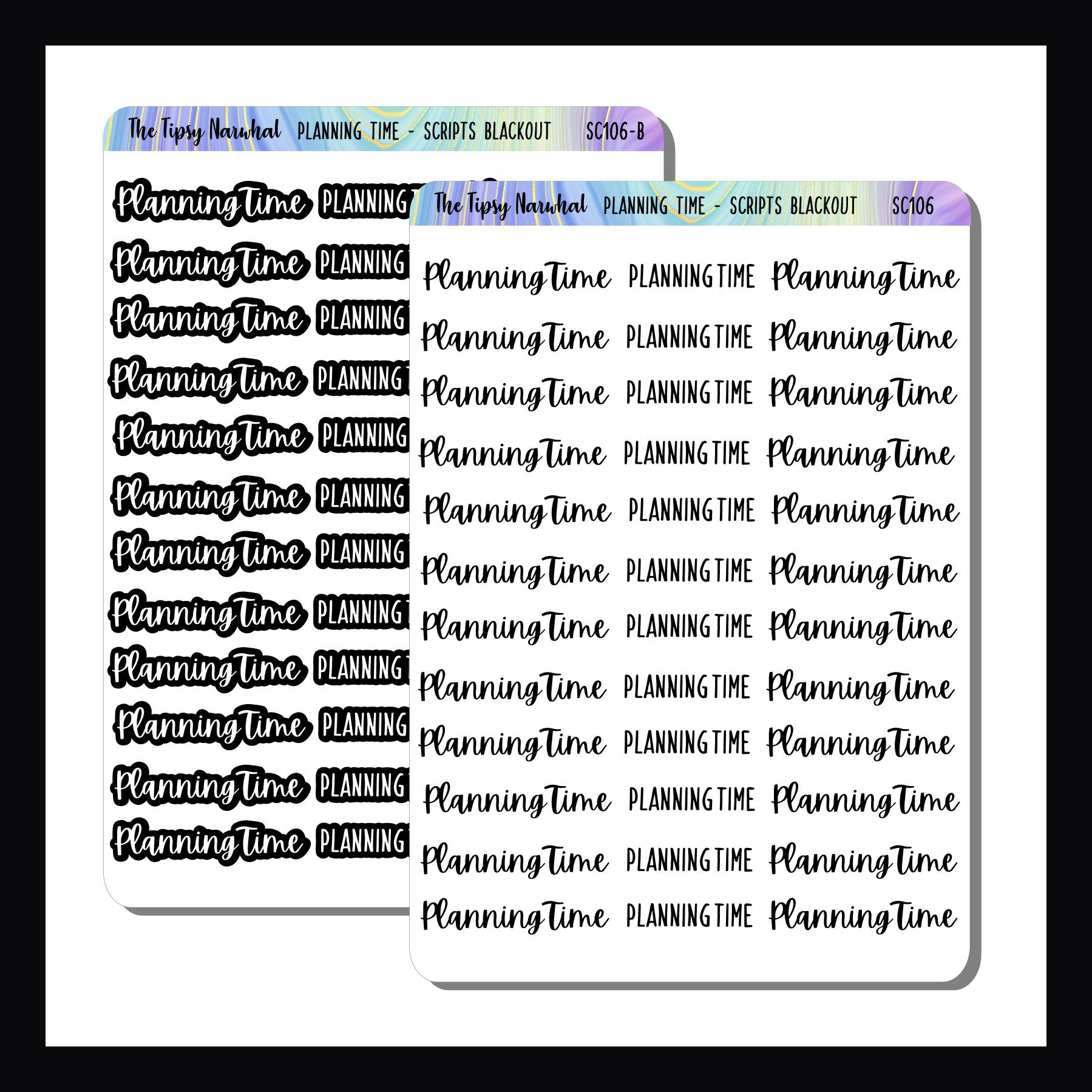 Sticker sheet with 'Planning Time' text for planner use, featuring a colorful border.