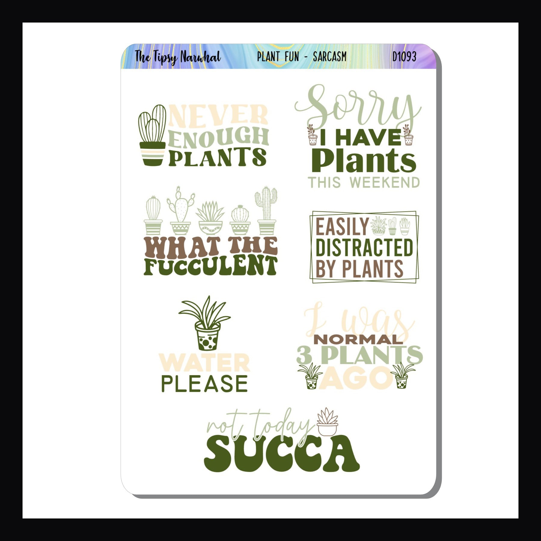 The Plant Fun Sarcasm & Quotes Sheet is a quarter sized sticker sheet.  It features a collection of 7 witty quotes about plants and gardens. Coordinates with the Green Thumb weekly kits.