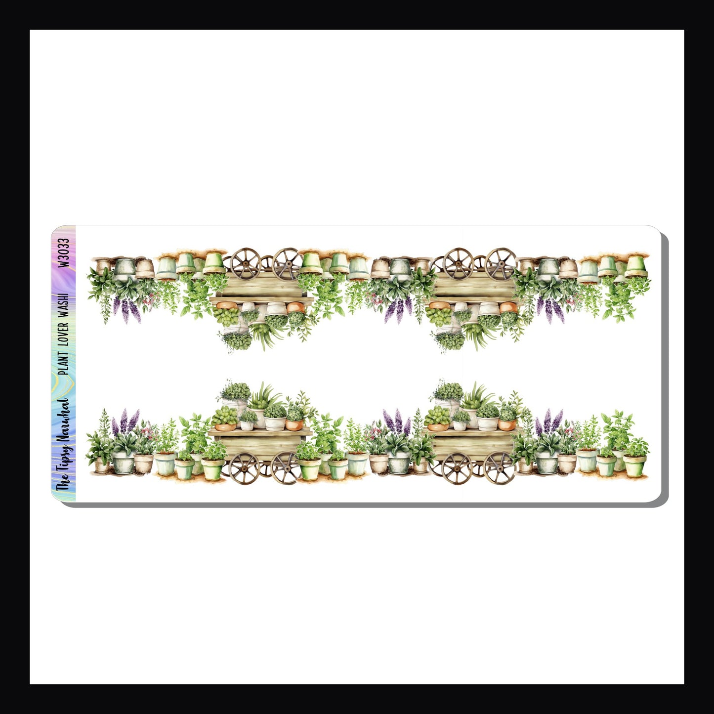 The Plant Lover Washi sticker sheet features two strips of fancy cut washi.  Each strip depicts a large collection of potted plants and measures roughly 7 inches long. 