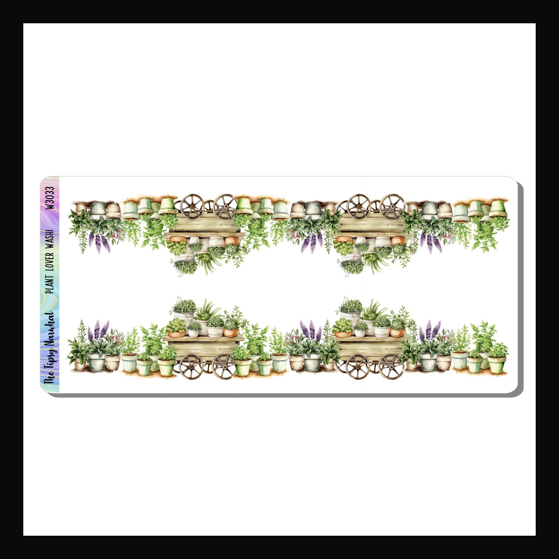 The Plant Lover Washi sticker sheet features two strips of fancy cut washi.  Each strip depicts a large collection of potted plants and measures roughly 7 inches long. 