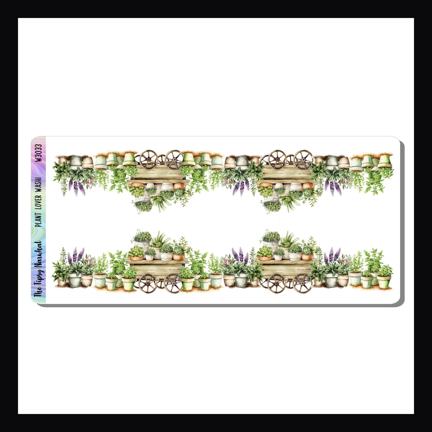 The Plant Lover Washi sticker sheet features two strips of fancy cut washi.  Each strip depicts a large collection of potted plants and measures roughly 7 inches long. 