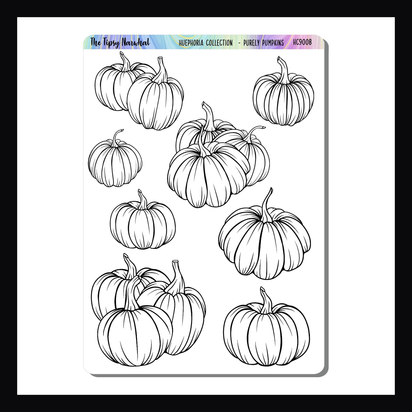 Purely Pumpkins Sticker Sheet. Collection of pumpkin stickers ready for coloring. Part of the Huephoria Sticker collection.