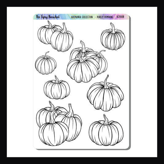 Purely Pumpkins Sticker Sheet. Collection of pumpkin stickers ready for coloring. Part of the Huephoria Sticker collection.