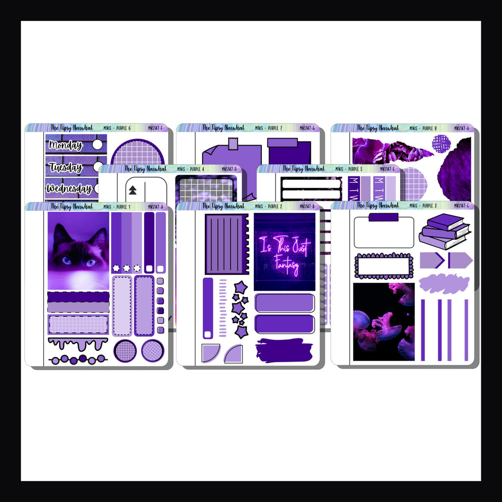 Purple Freestyle Minis is a collection of 8 quarter size sticker sheets all stickers focus on the color purple. 