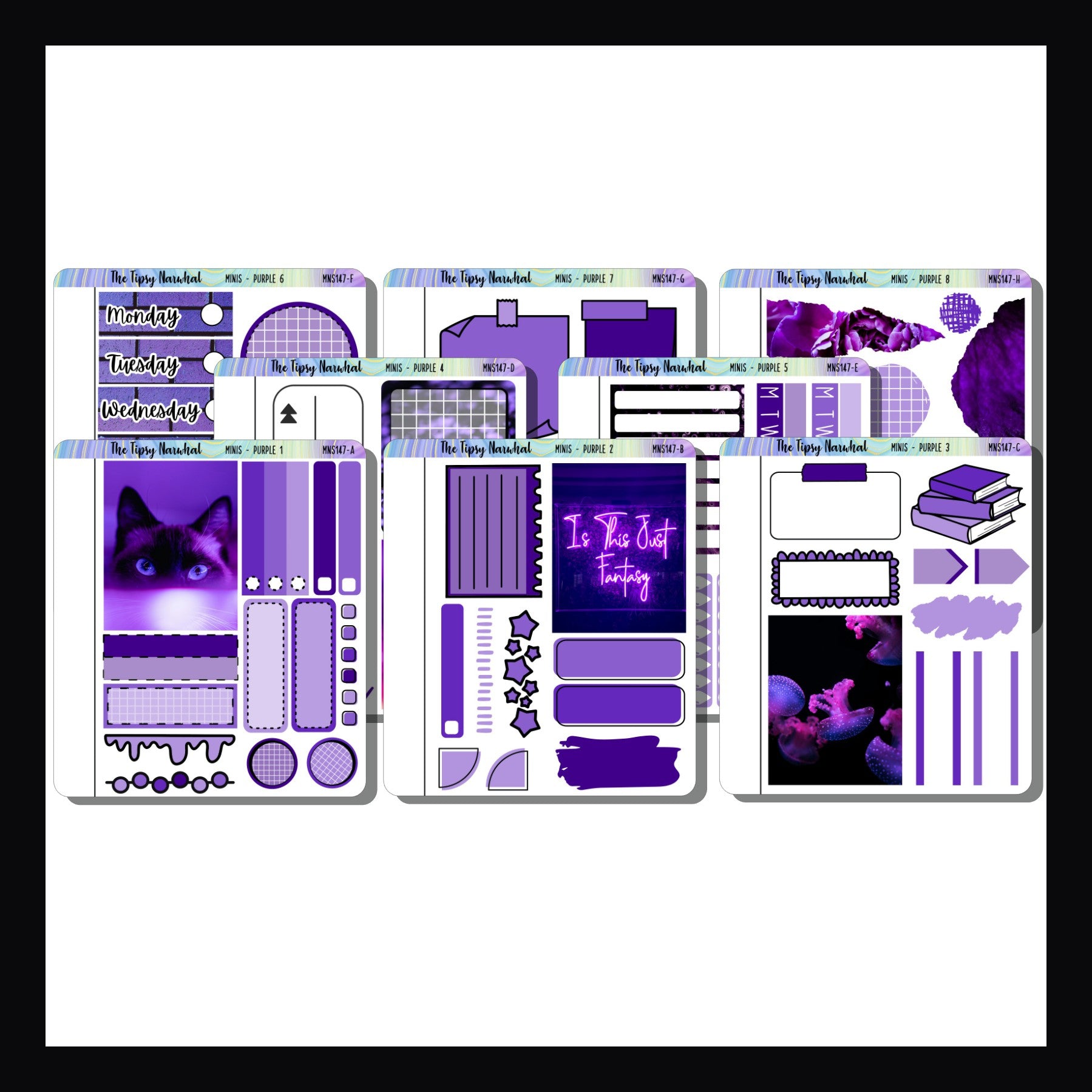 Purple Freestyle Minis is a collection of 8 quarter size sticker sheets all stickers focus on the color purple. 