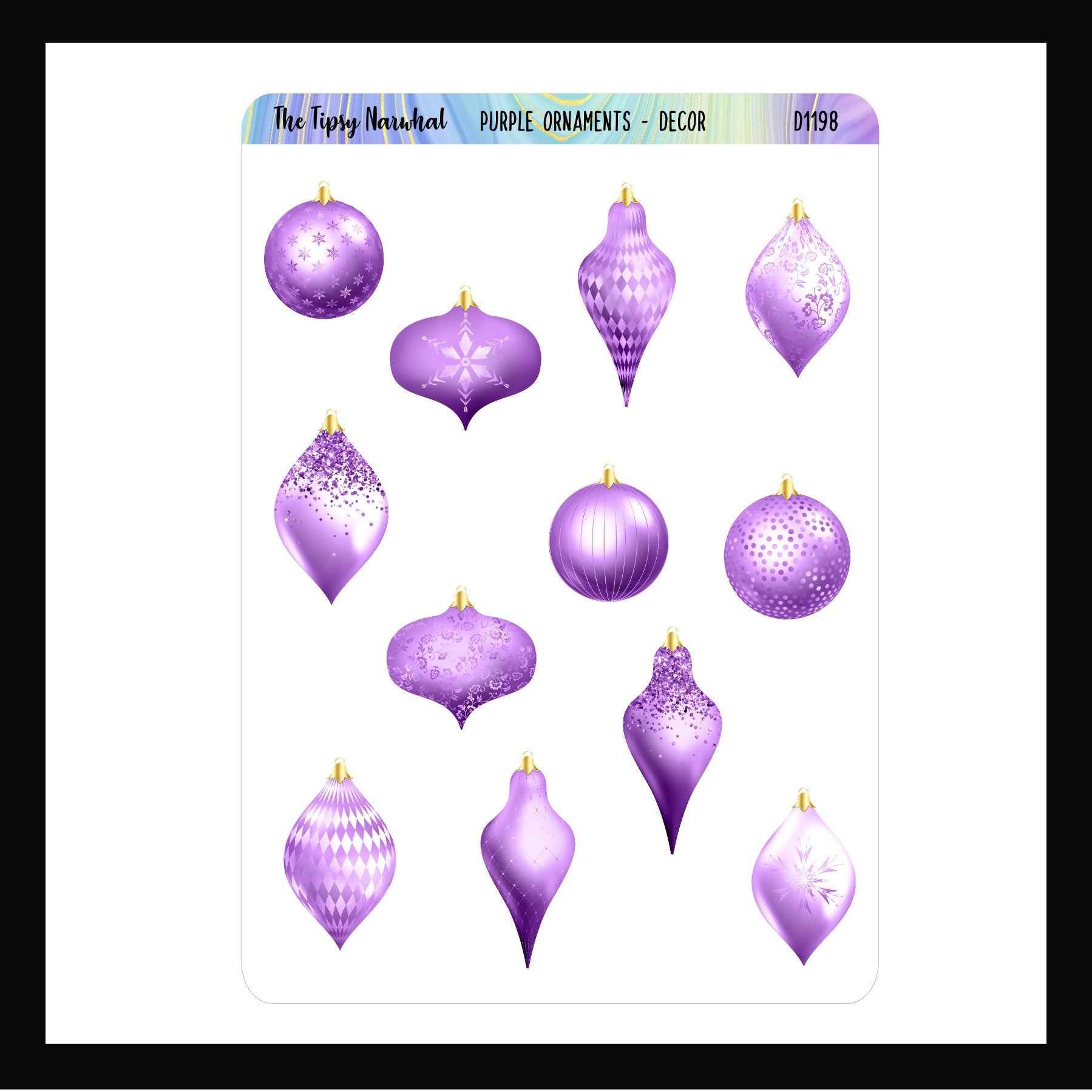 Purple Ornaments Decor Sheet features 12 purple ornaments in a variety of shapes and patterns. Shown here on a white background. 