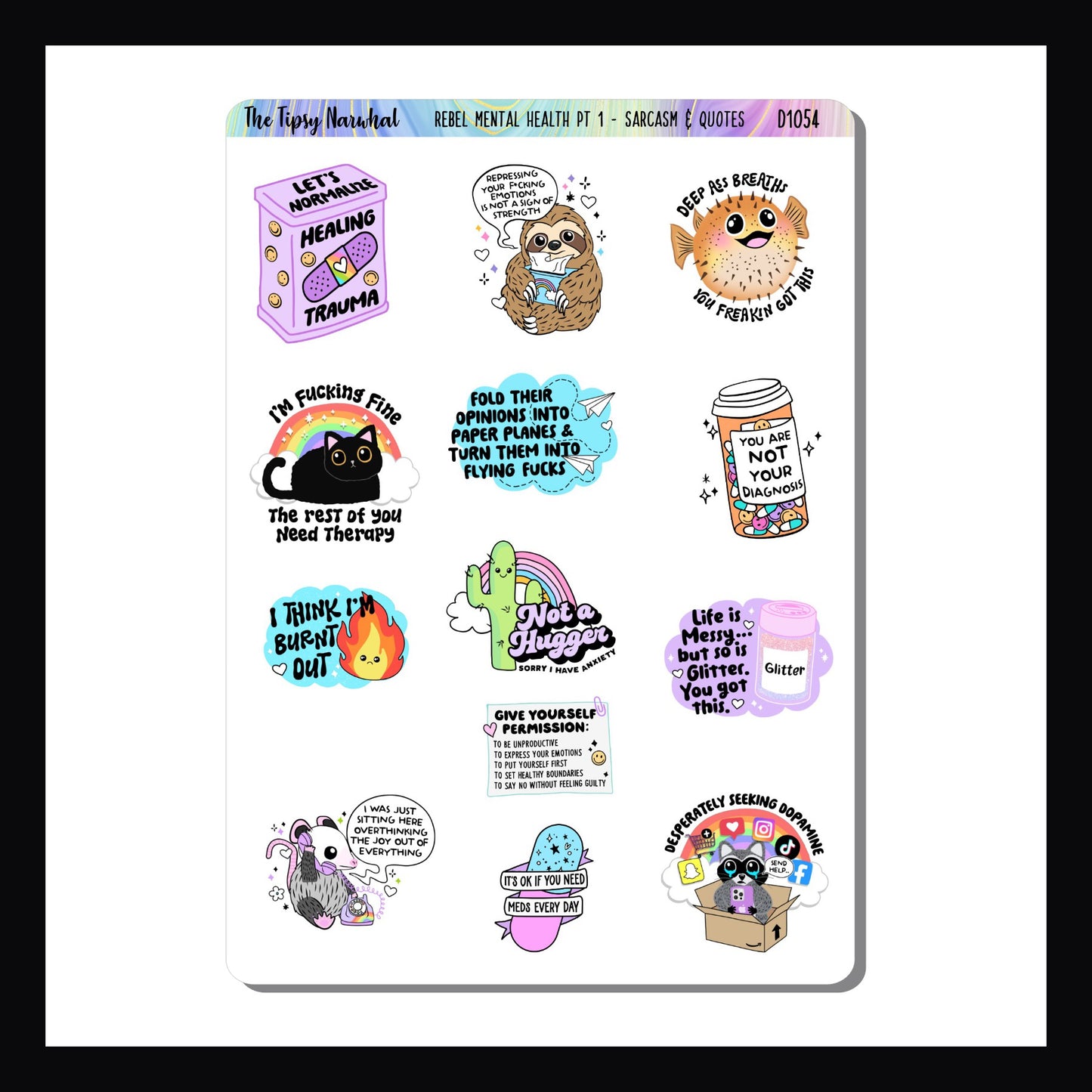 Digital Rebel Mental Health Pt 1 Decor Sheet is a digital/printable version of the sticker sheet of the same name.  It features 13 colorful stickers each with a unique sassy quote about mental health.  Sticker size varies by design.