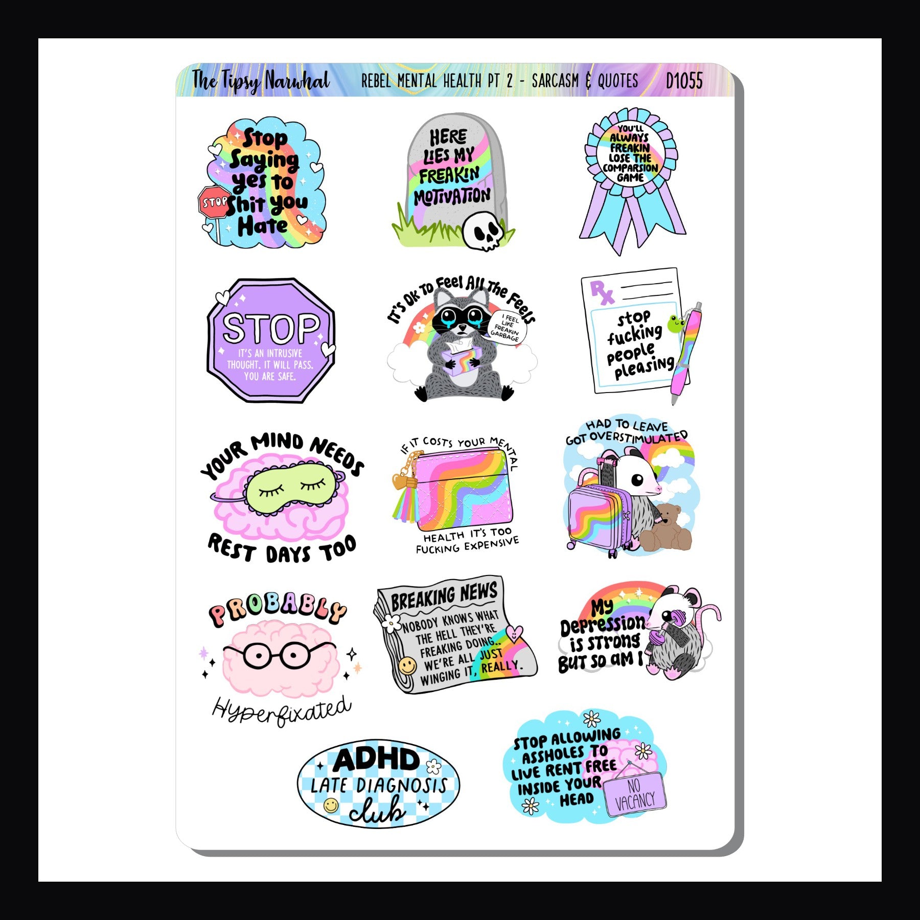 The Digital Rebel Mental Health Pt 2 Decor Sheet is a digital/printable version of the sticker sheet by the same name.  It features 14 colorful stickers each with a unique quote about mental health.  Sticker size varies by design.
