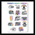 Rebel Trash Talk Pt 1 Decor Sheet is a 5x7" sticker sheet.  It features 14 colorful stickers each with a unique snarky quote.  Stickers also feature animals and rainbows.  Sticker size varies by design.