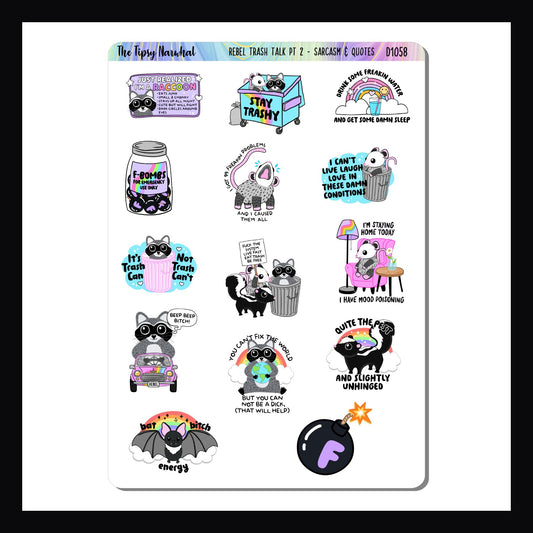 Rebel Trash Talk Pt 2 Decor Sheet is a 5x7" sticker sheet.  It features 14 colorful stickers each with a unique snarky quote.  Several stickers also feature adorable animals.  Sticker size varies by design.