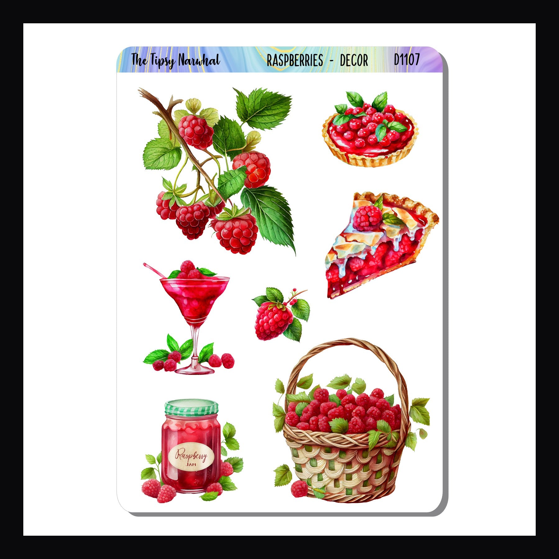 Raspberries Decor sheet is a 3.5 x 5 inch sticker sheet.  The stickers focus on a raspberry theme from ripening on the branch to pies and preserves these bright stickers will make any plans sweet.