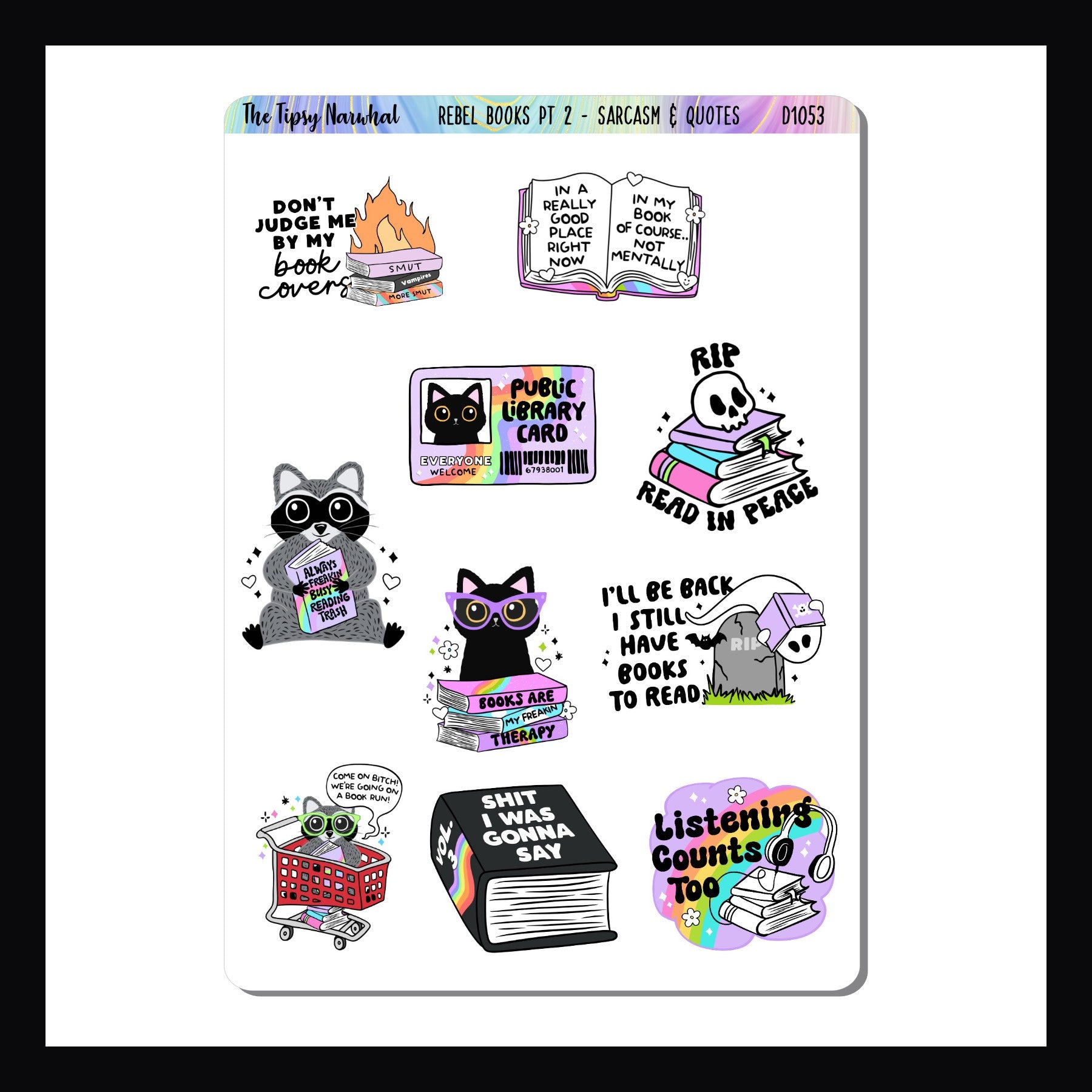 The Digital Rebel Books Pt 2 Decor Sheet is a digital/printable version of the Rebel Books Pt 2 Decor Sheet.  The sheet features 10 brightly colored stickers featuring sassy quotes about books and reading.  Sticker size varies dependent on design.