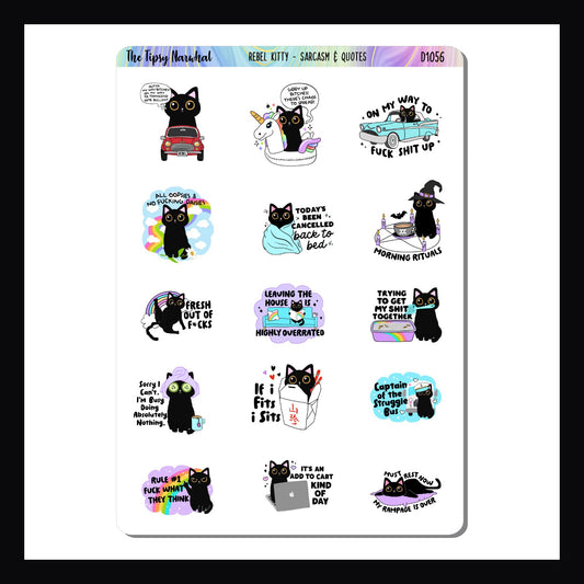 Rebel Kitty Decor Sheet is a 5x7 sticker sheet.  It features 15 colorful stickers each with a black cat and a unique sassy quote.  Sticker size varies by design.