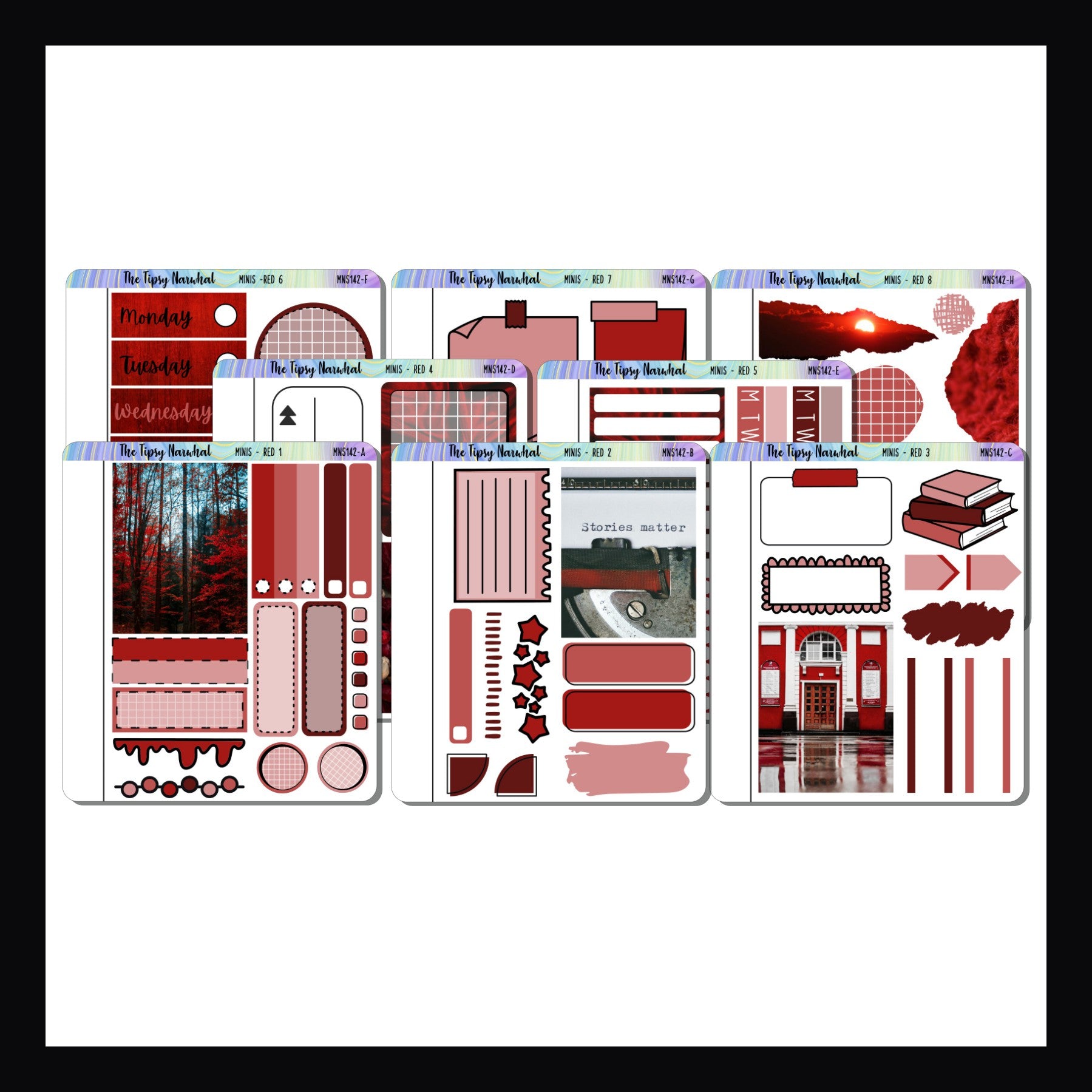 Red Freestyle Minis a collection of 8 quarter sized sticker sheet focused on the color red. 