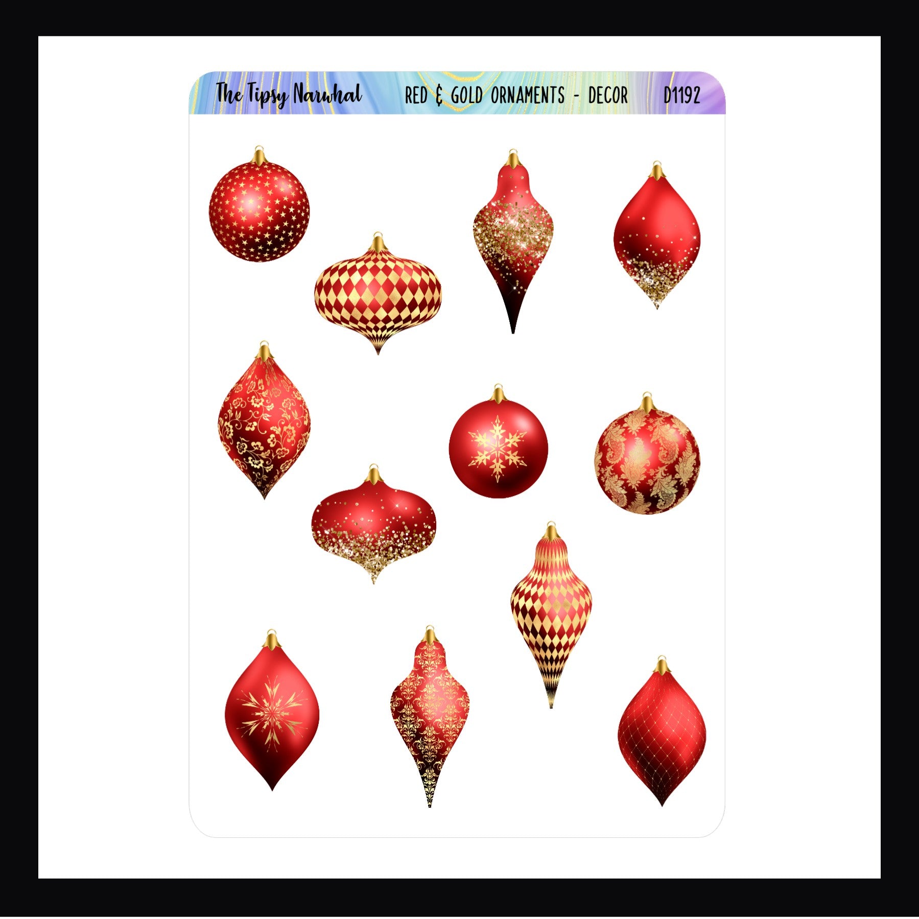 Red & Gold Ornaments Decor Sheet features 12 red & gold ornament stickers in various shapes and patterns.  Shown here on a white background.