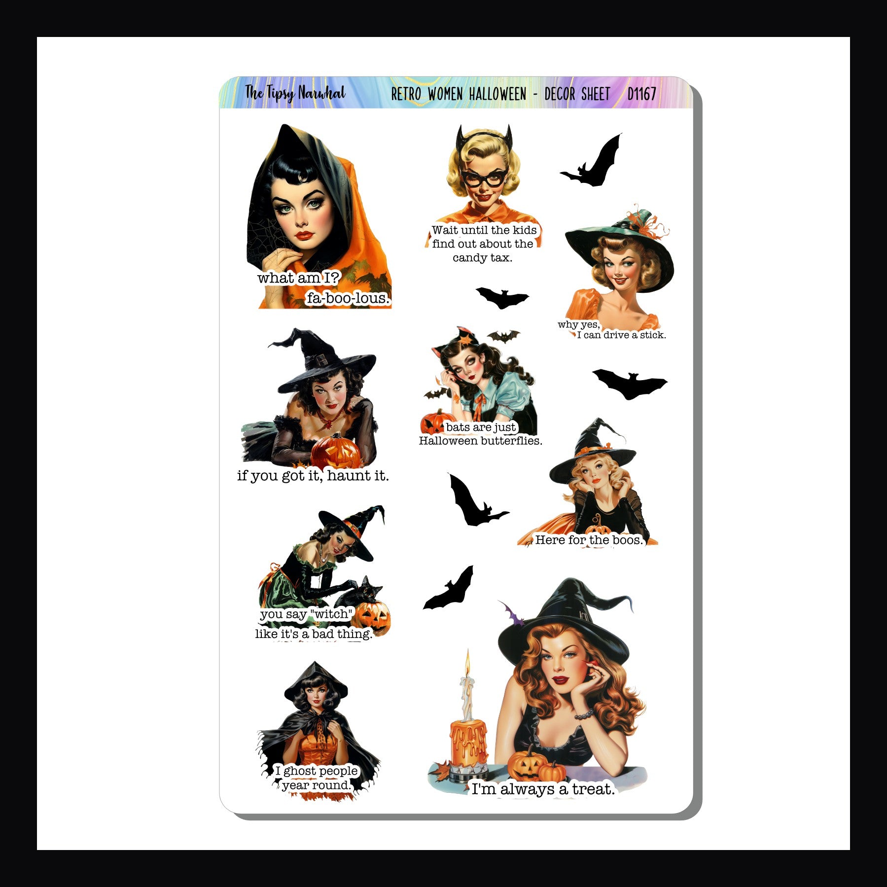 Retro Women Halloween Sarcasm & Quotes. 5x7 sticker sheet shown on a white background.
