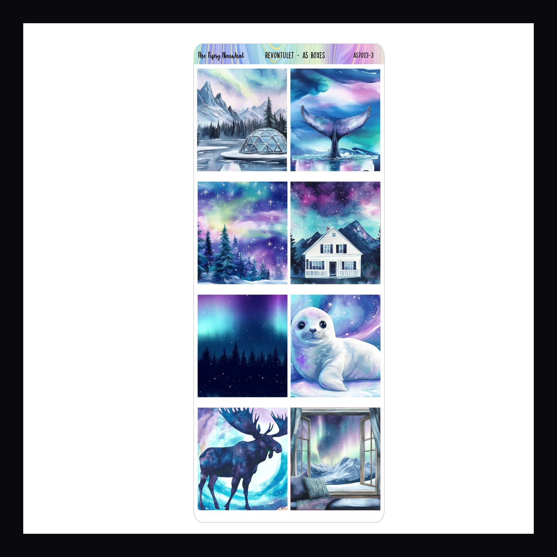 Revontulet A5 Deco Boxes sticker sheet features 8 deco box stickers sized to fit A5 planners.  Features a Northern Lights theme and color palette filled with blues and purples. 
