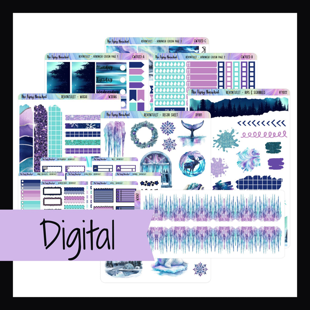 Revontulet Hobo Cousin Digital Bundle features digital copies of the Revontulet Hobonichi Cousin Weekly Kit, the matching decor sheet, rips & scribbles, washi, Aurora Ice Washi and matching functional sheets. 