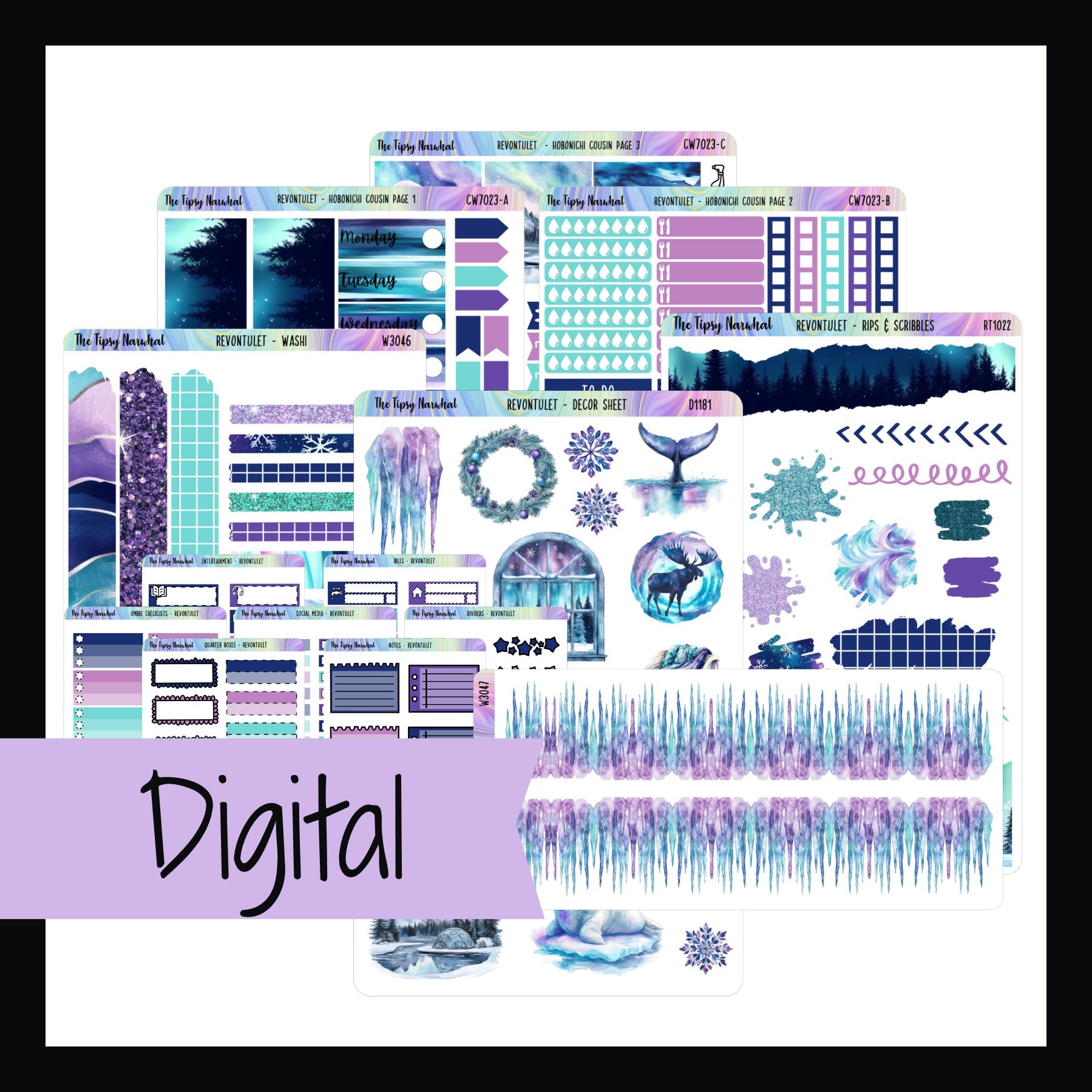 Revontulet Hobo Cousin Digital Bundle features digital copies of the Revontulet Hobonichi Cousin Weekly Kit, the matching decor sheet, rips & scribbles, washi, Aurora Ice Washi and matching functional sheets. 