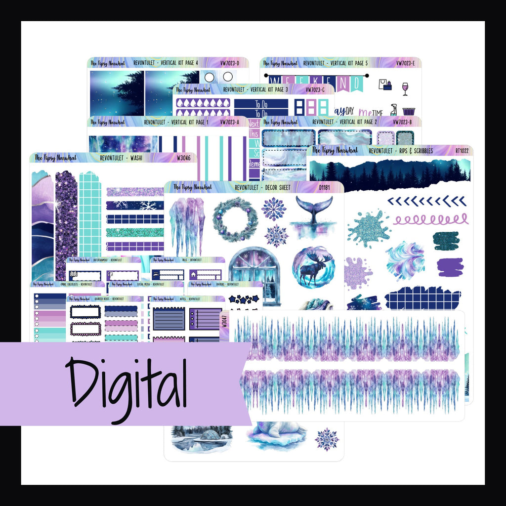 Revontulet Vertical Kit Digital Bundle contains the digital versions of the Revontulet Vertical Weekly Kit, Decor Sheet, Rips & Scribbles Sheet, Washi Sheet, Aurora Ice Washi and Functional Set. 