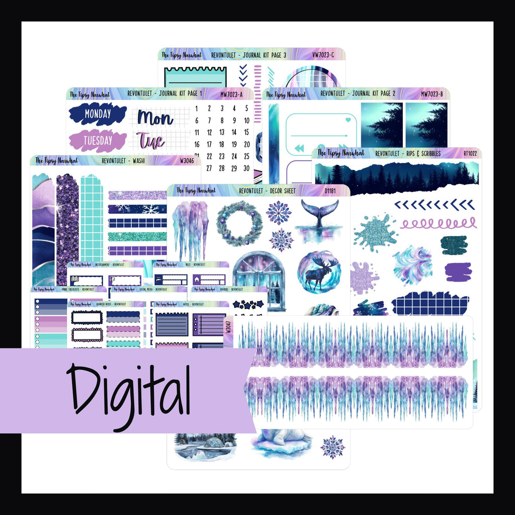 Revontulet Journal Kit Digital Bundle features a digital copy of the Revontulet Journal Kit plus matching decor sheet, rips & scribbles, washi sheet, Aurora Ice washi and functional set.