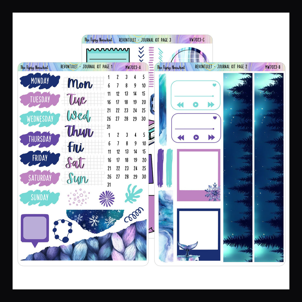 Revontulet Journal Kit is a 3 page sticker kit. It features a Northern Lights theme and a color palette full of purples and blues.