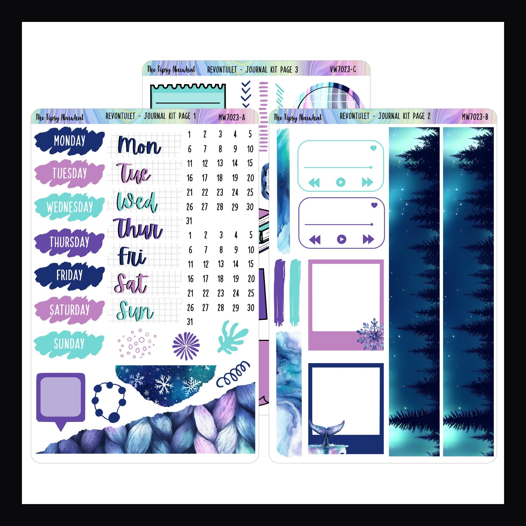 Revontulet Journal Kit is a 3 page sticker kit. It features a Northern Lights theme and a color palette full of purples and blues.