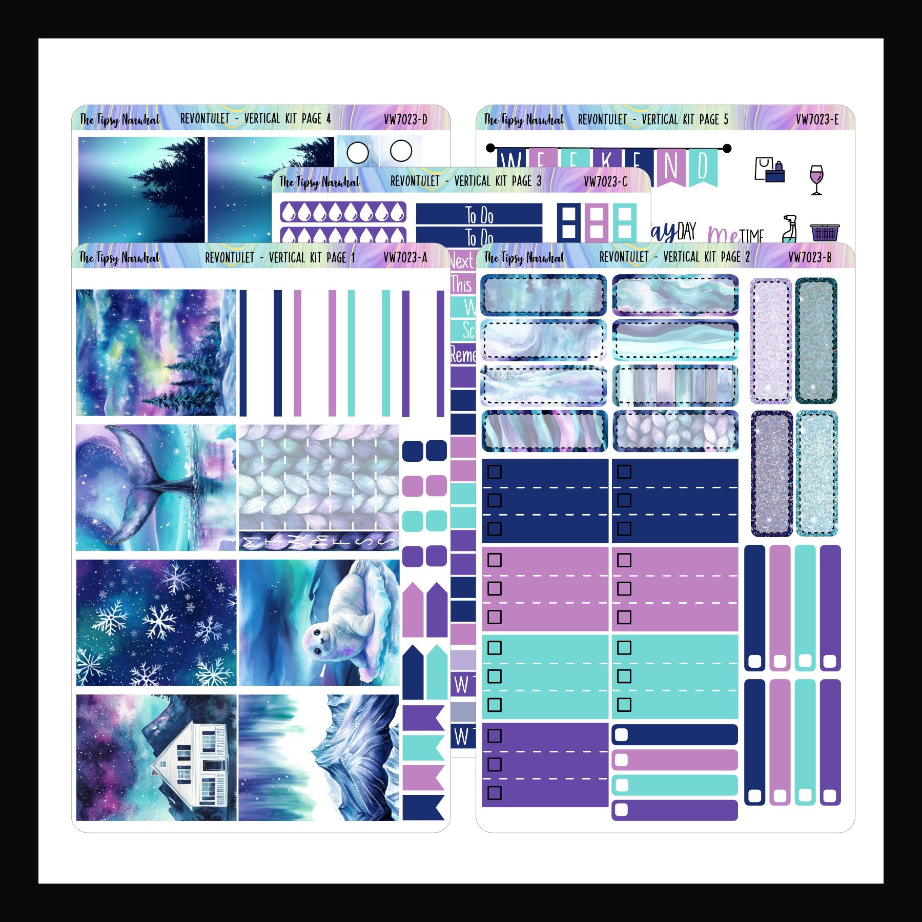 Revontulet Vertical Weekly Kit, a 5 page sticker kit featuring a Northern Lights theme and a color palette of blues and purples. 