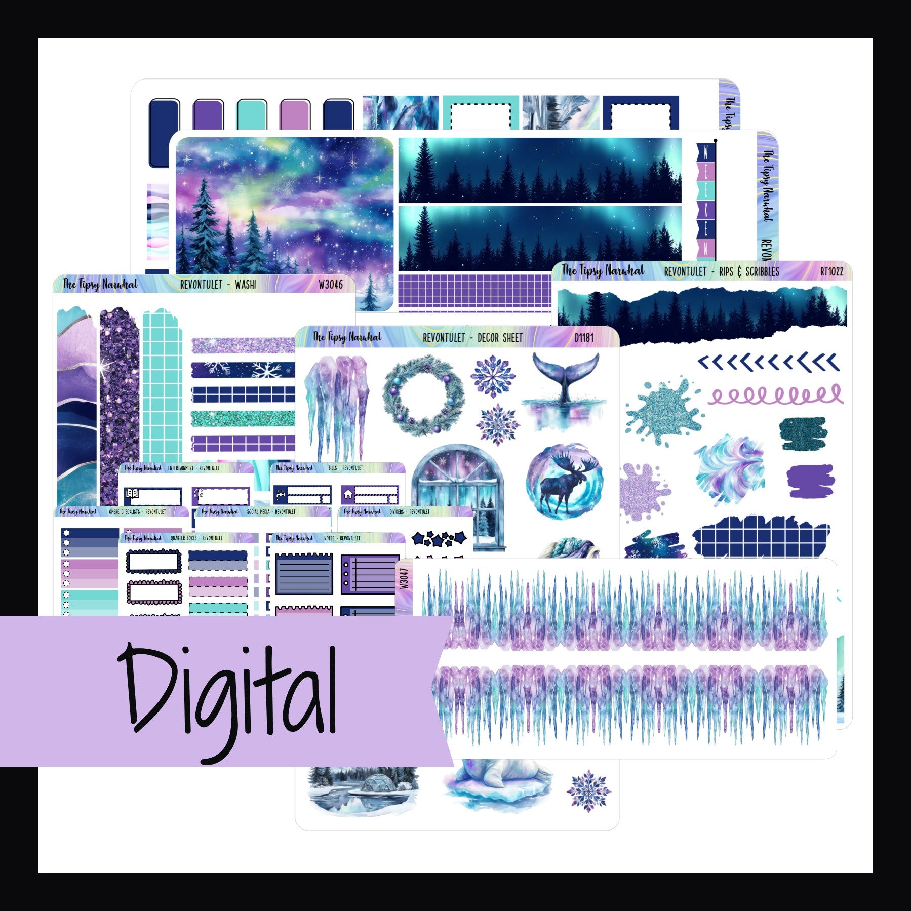 Revontulet Hobo Weeks Kit Digital Bundle features digital files of the Revontulet Hobo Weeks Kit, the matching decor sheet, rips & scribbles sheet, washi sheet, Aurora Ice washi, and matching functional set. 
