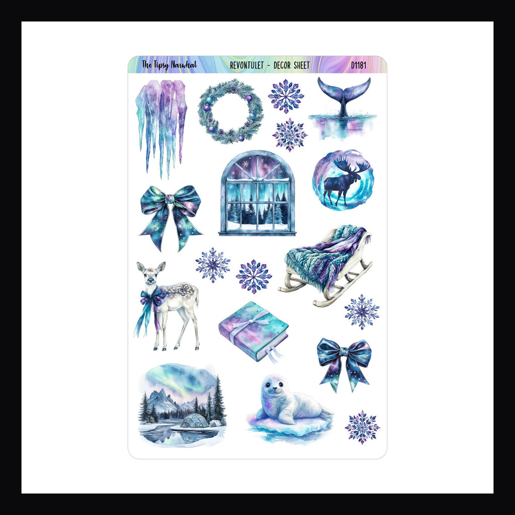 Revontulet Decor Sheet a collection of Northern Lights themed stickers, shown on a white background.