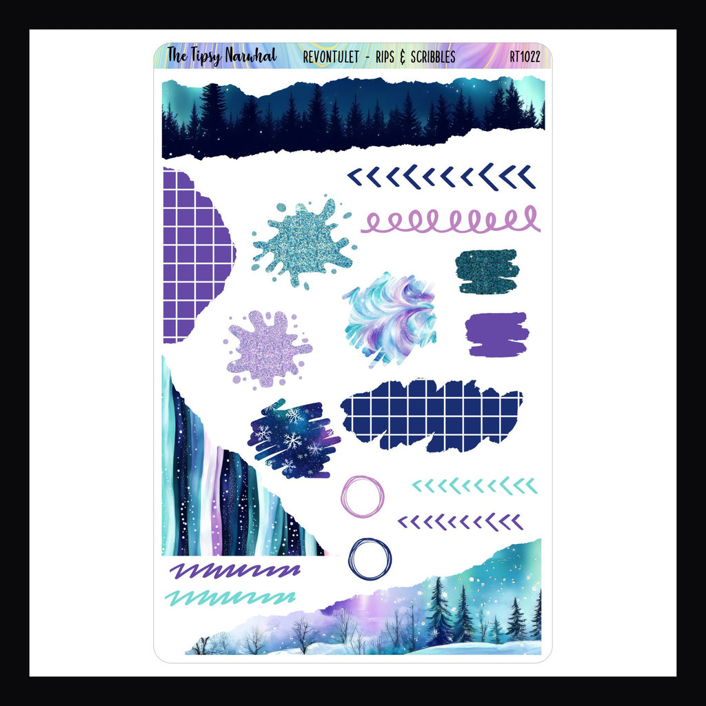 Revontulet Rips & Scribbles Sheet, a collection of stickers with a ripped or scribble/doodle appearance. matches the Revontulet weekly kits. 