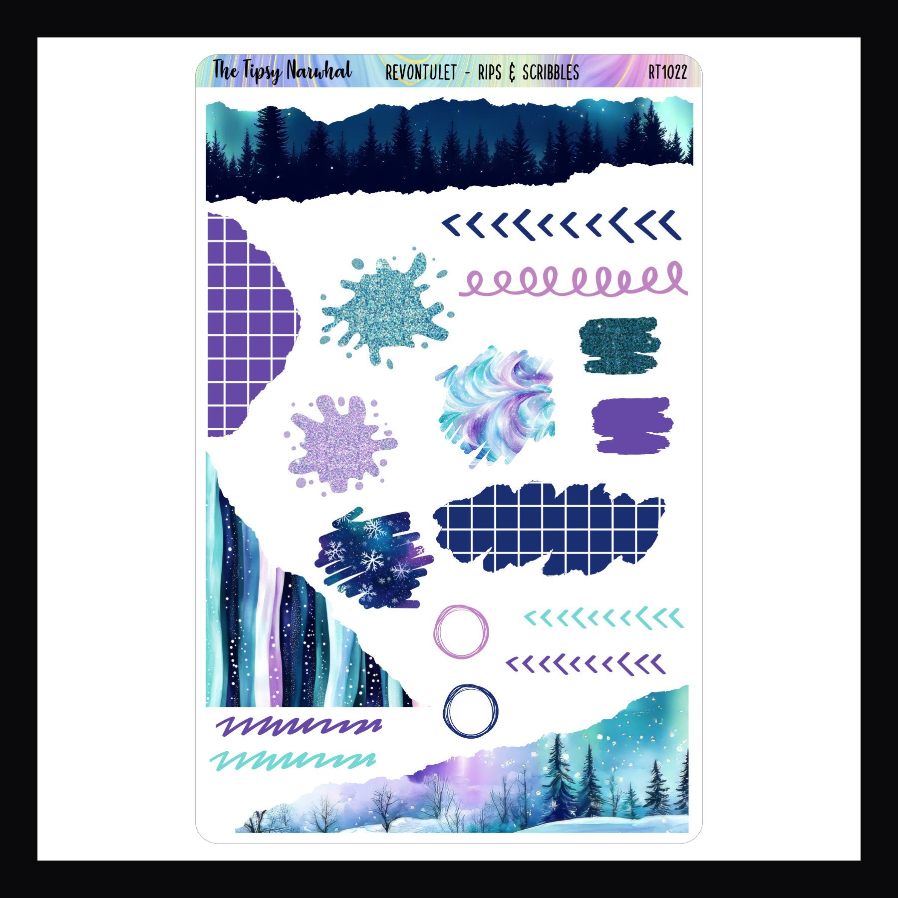 Revontulet Rips & Scribbles Sheet, a collection of stickers with a ripped or scribble/doodle appearance. matches the Revontulet weekly kits. 