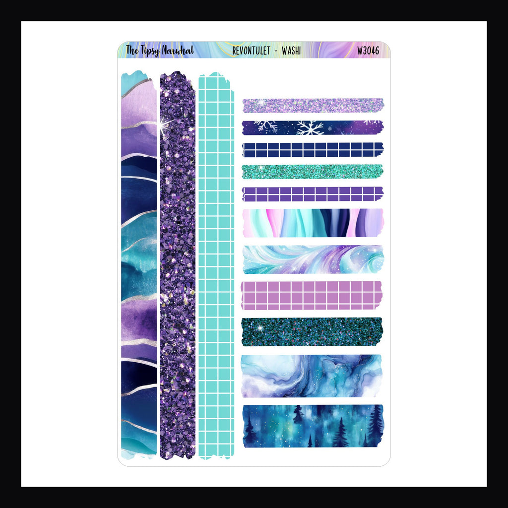 Revontulet Washi Sheet, a collection of 14 washi strips all matching the Revontulet weekly kits. 