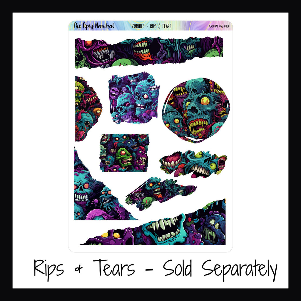 Zombies Rip and Tears Stickers, Journal Elements, Corner Stickers, Ripped Paper Stickers, Brush Stroke Stickers, Abstract Zombie Pattern, Vivid Colors