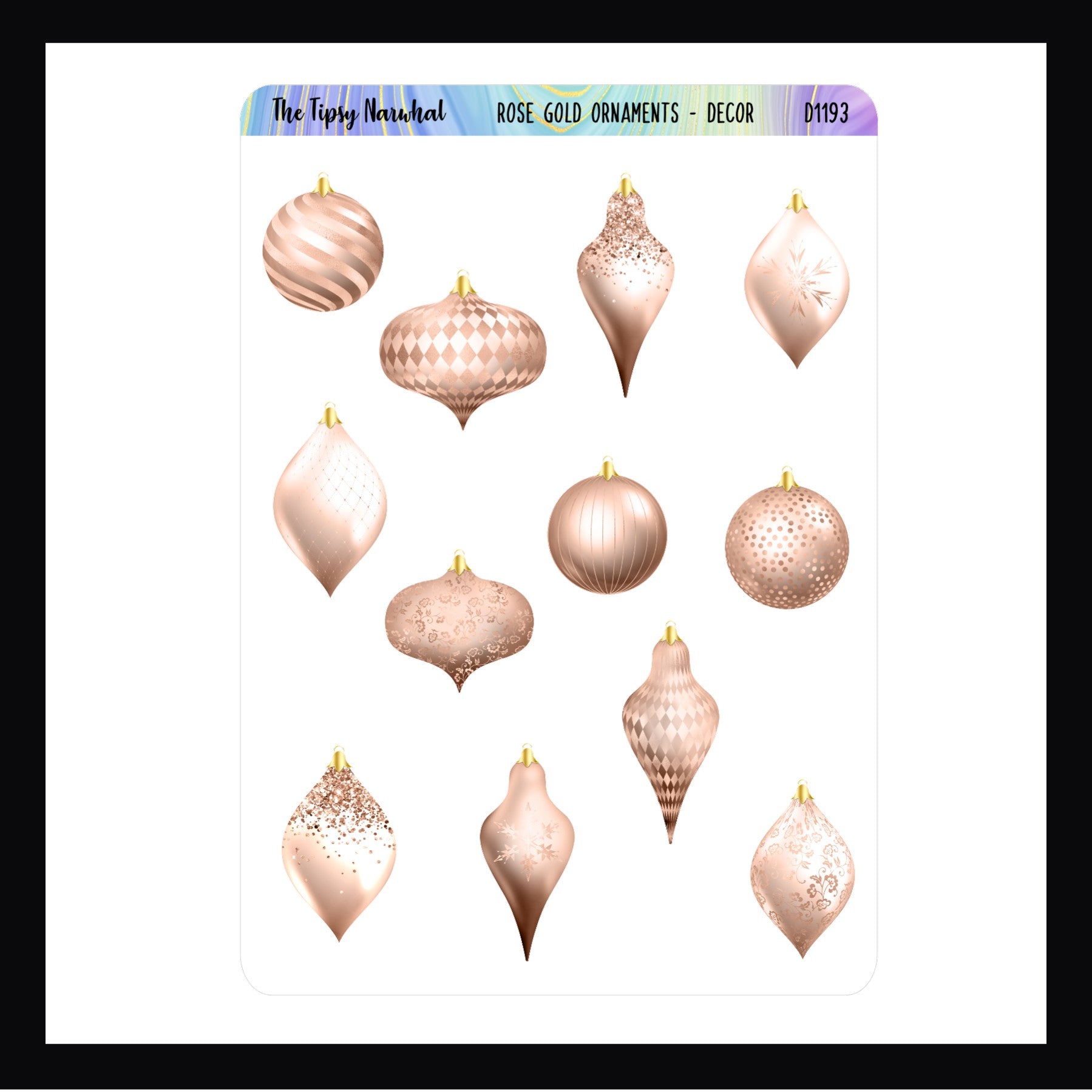 Rose Gold Ornaments Decor Sheet features 12 rose gold ornament stickers in various shapes and patterns. The sticker sheet is shown with a white background.