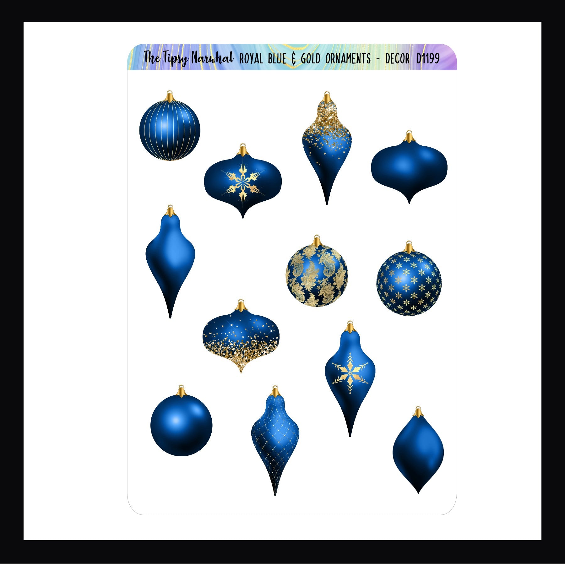 Royal Blue & Gold Ornaments Decor Sheet features 12 blue and gold ornament stickers in a variety of shapes and patterns. Shown here on a white background.