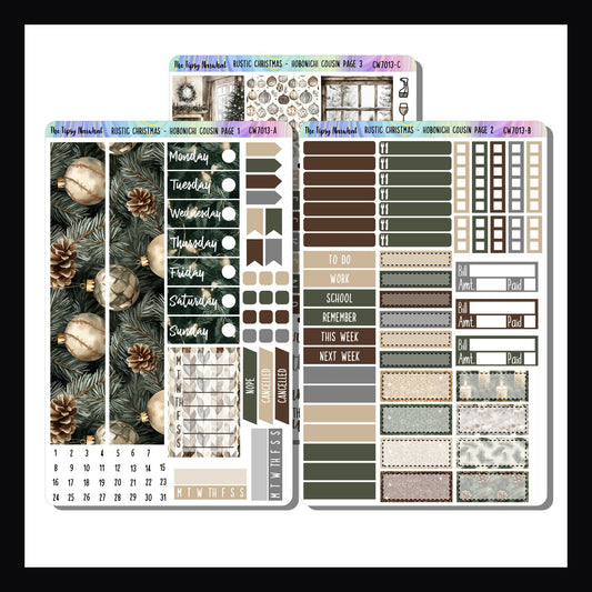 Rustic Christmas Hobonichi Cousin Kit is a 3 page sticker kit.  Stickers are designed to fit the weekly and daily layouts of the Hobonichi Cousin planner.  The theme of this kit is cozy Christmas and it features a neutral color palette mixed with deep greens.